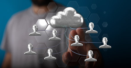 A 3D rendering of a businessman pointing at a group of people icons