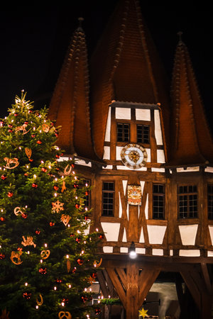 The beautiful town hall from Michelstadt decorated with Christmas tree at Christmasの写真素材