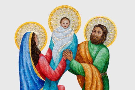A mosaic of Jesus Christ with Mary and Joseph isolated on a white backgroundの写真素材