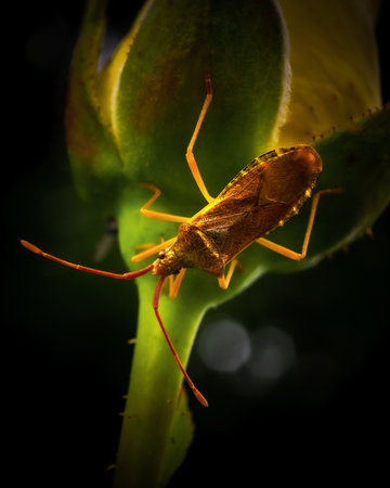 A vertical macro shot of a stink bug on a flowerの写真素材