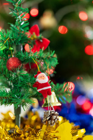 A closeup of a beautiful decorated Christmas treeの写真素材