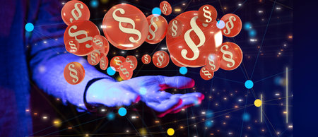A 3D render of a Symbol of Law and Justice and male hands on a blurry background