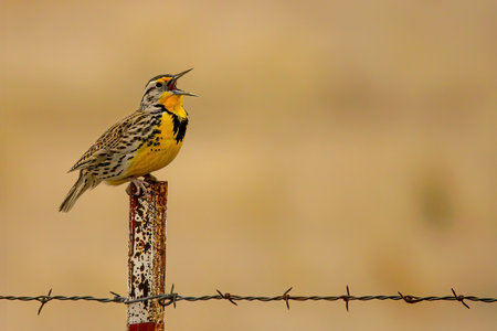 The Western Meadowlark singing on barbed wire fence post in the Malheur National Wildlife Refugeの写真素材