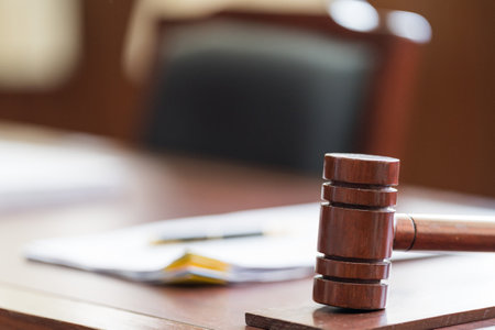A close-up shot of a gavel on the background of paper documents.の写真素材