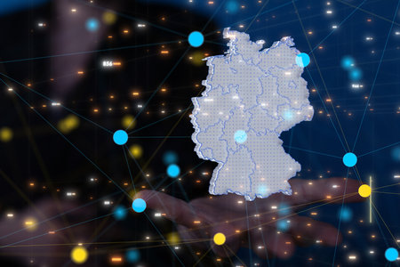 A 3D rendering of a map with colorful lines and dotsの写真素材