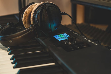 A closeup shot of professional headphones on a keyboard in a studioの写真素材