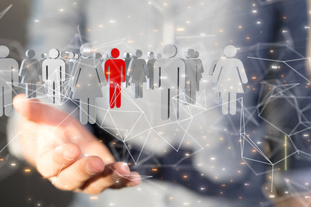 A 3d rendering of a team connection and social network symbol on a blurry backgroundの写真素材