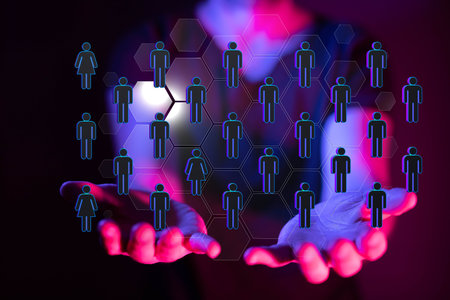 A 3d rendering of a team connection and social network symbol on a blurry backgroundの写真素材