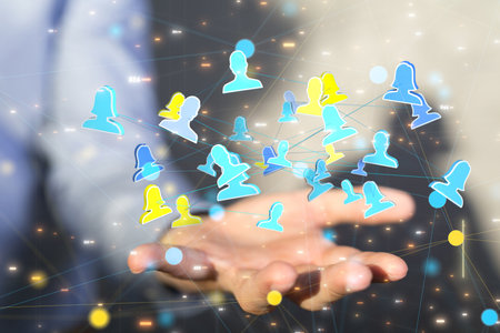 A 3D rendering of digital human icons with hand pointing at it from the background- digital business communication conceptの写真素材