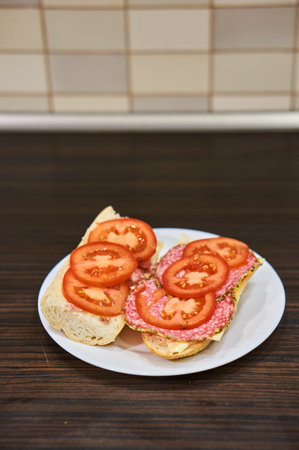 A vertical shot of sandwich topped with tomatoes, cheese, and sausage on a plateの写真素材