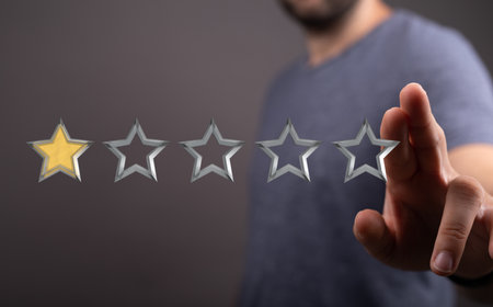 A 3d rendering of a review icon and rating stars showing feedback