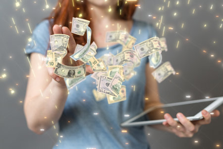 A 3D render of Falling dollars on banknotes backgroundの写真素材