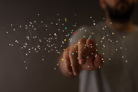 A 3D rendering of floating digital data network symbol on handの写真素材