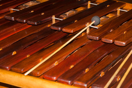 Close-up shot of a marimba or Hormigo keyboard. Guatemala. National instrument of Guatemala made...