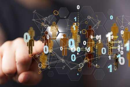 A 3D rendering of an Abstract technology group and social network connection on a blurry backgroundの写真素材
