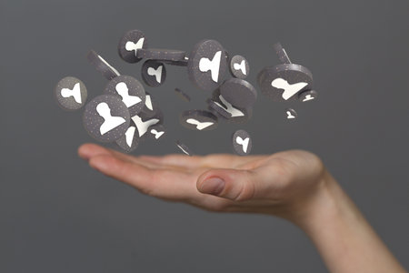 A male's hand pointing to illustrated organization chart team conceptの写真素材