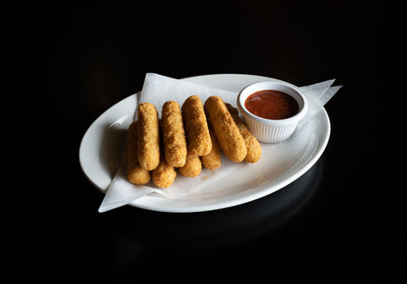 A closeup of mozzarella sticks with sauce on a plate isolated on a black backgroundの写真素材