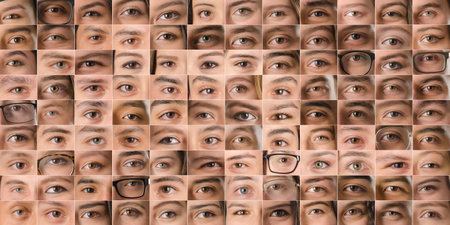 A collage of images of human eyes of men and women forming a mosaic textureの写真素材