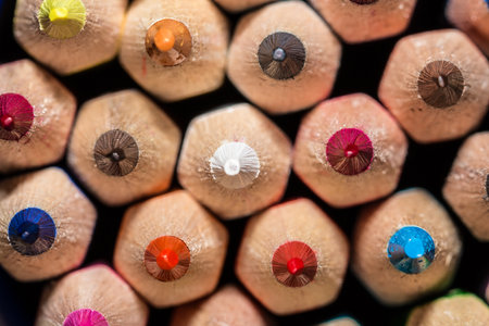 A closeup of colorful pencil tips backgroundの写真素材