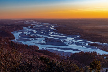 Beautiful scenery of Tagliamento river seen from Ragogna at dawn, Friuli Venezia Giulia - Italy