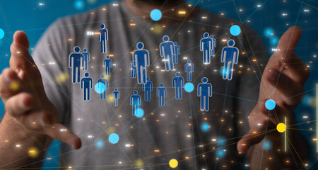 A 3D rendering of digital human icons with hand pointing at it from the background- digital business communication conceptの写真素材