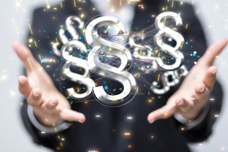 A 3D render of a Symbol of Law and Justice and male hands on a blurry backgroundの写真素材