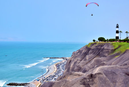 A beautiful view of the sea from a high cliff on a sunny dayの写真素材