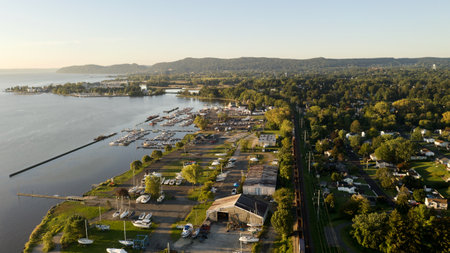 An aerial landscape shot upstate over Verplanck, NY in the morning, taken with a drone on a sunny...
