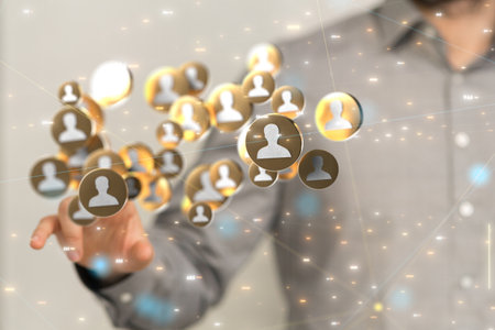 A 3D rendering of digital human icons with hand pointing at it from the background- digital business communication conceptの写真素材