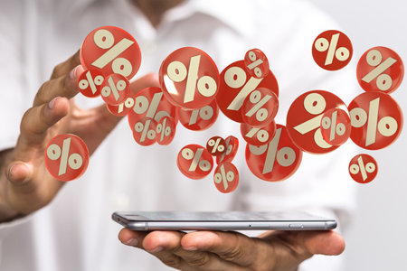 A 3D rendering of a percentage sign and a male on a blurry background, sales and financial conceptの写真素材