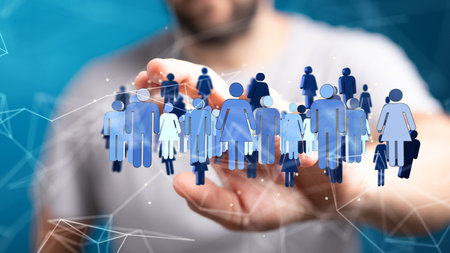 A 3D rendering of an Abstract technology group and social network connection on a blurry backgroundの写真素材