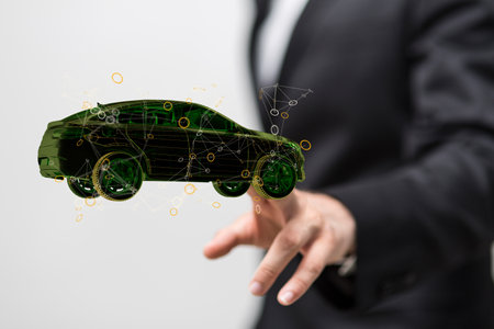 A 3D rendering of a man pointing at an autonomous driving electric carの写真素材