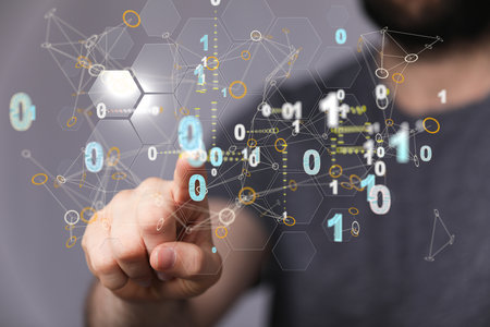 A closeup of 3D rendering of cybersecurity with binary codes floating on a human's hand