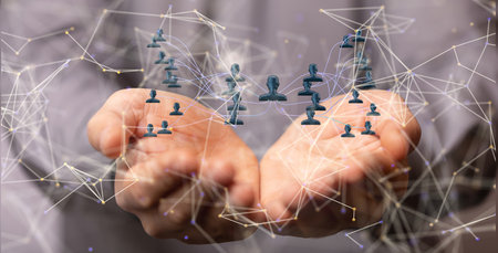 A 3D rendering of digital human icons with hand pointing at it from the background- digital business...