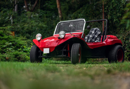 A red cabriolet car in a green areaの写真素材
