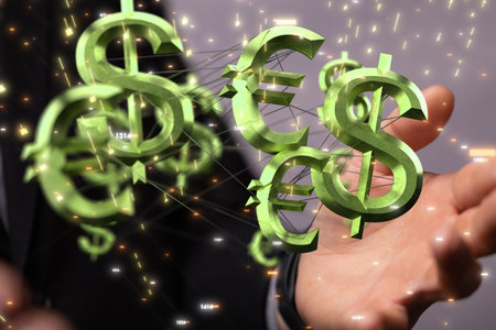 A 3D rendering of a euro and dollar signs on a blurry backgroundの写真素材