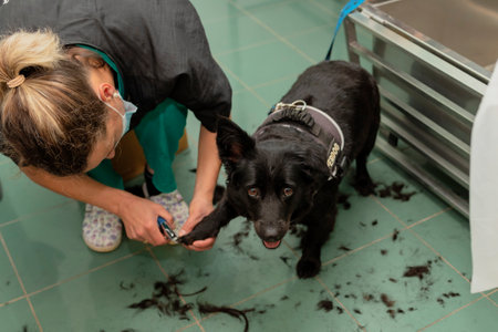 A female cutting dog's nails at the veterinary clinicの写真素材