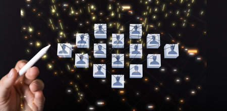 A 3D rendering of digital human icons with hand pointing at it from the background- digital business...