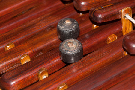 Close-up shot of a marimba or Hormigo keyboard. Guatemala. National instrument of Guatemala made...