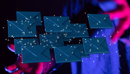 A 3D render of an email symbol and Network Communications with a blurry backgroundの写真素材