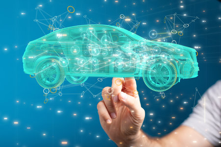 A 3D rendered hologram of a car with a hand pointing at it from the backgroundの写真素材
