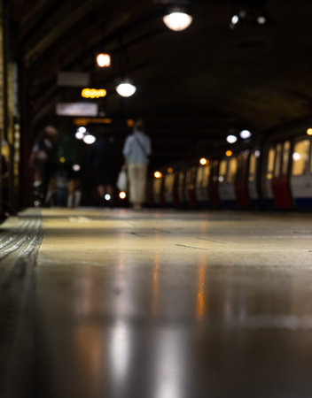 A low-angle shot of a train station with blurred backgroundの写真素材