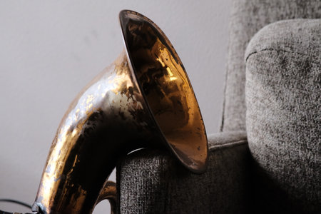 An old stained saxophone leaned on a sofaの写真素材