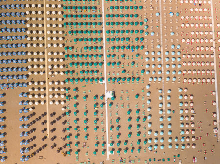 An aerial view of beach umbrellas on the Romagna Rivieraの写真素材