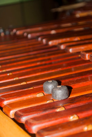 Close-up shot of a marimba or Hormigo keyboard. Guatemala. National instrument of Guatemala made...