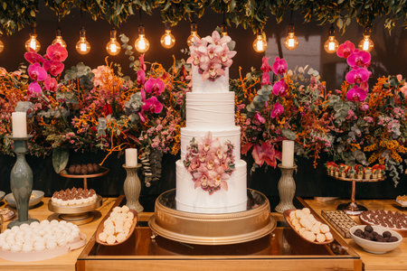 A beautiful wedding cake, sweets, and decorative flowers; festive decor