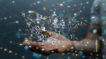 A male's hand pointing to illustrated people network structure HR - Human resources management