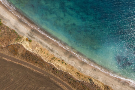 Aerial view to a steep sea shore and sand beach. Black sea, Bulgariaの写真素材