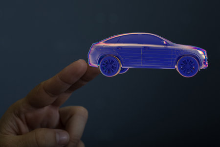 A 3D rendering of a man pointing at an autonomous driving electric carの写真素材