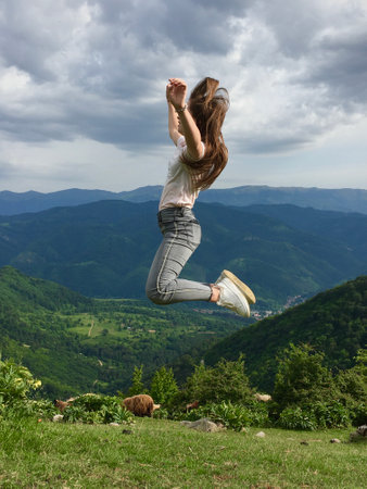 A side view of a female in the fieldの写真素材